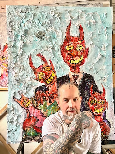Thumbnail: "Devil Family Portait"  Mixed Media on cardboard