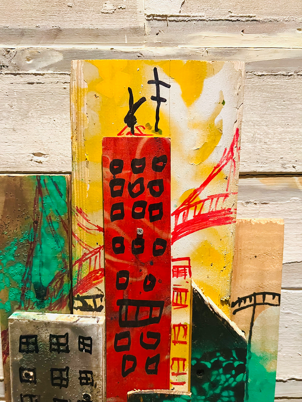 Thumbnail: Sparkle Village 13”x20” art on reclaimed wood 