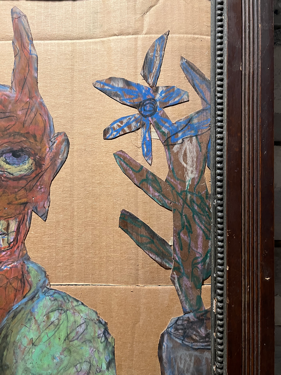 Thumbnail: "Devil Mom With Kids"  25"x 31" mixed media on cardboard