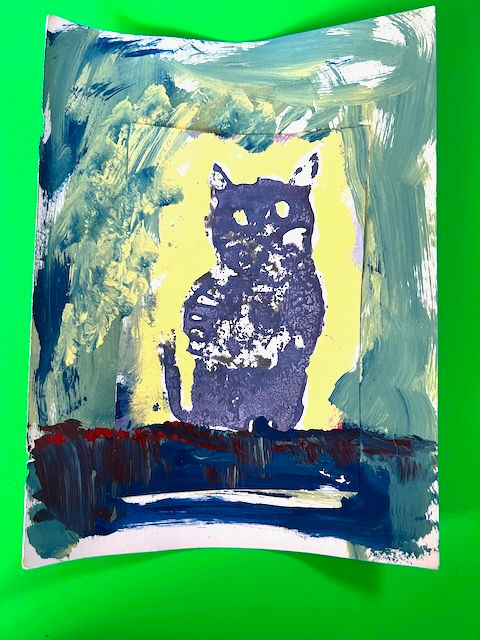 "Moonlite Cat On Fence" 9"x12" block print collage