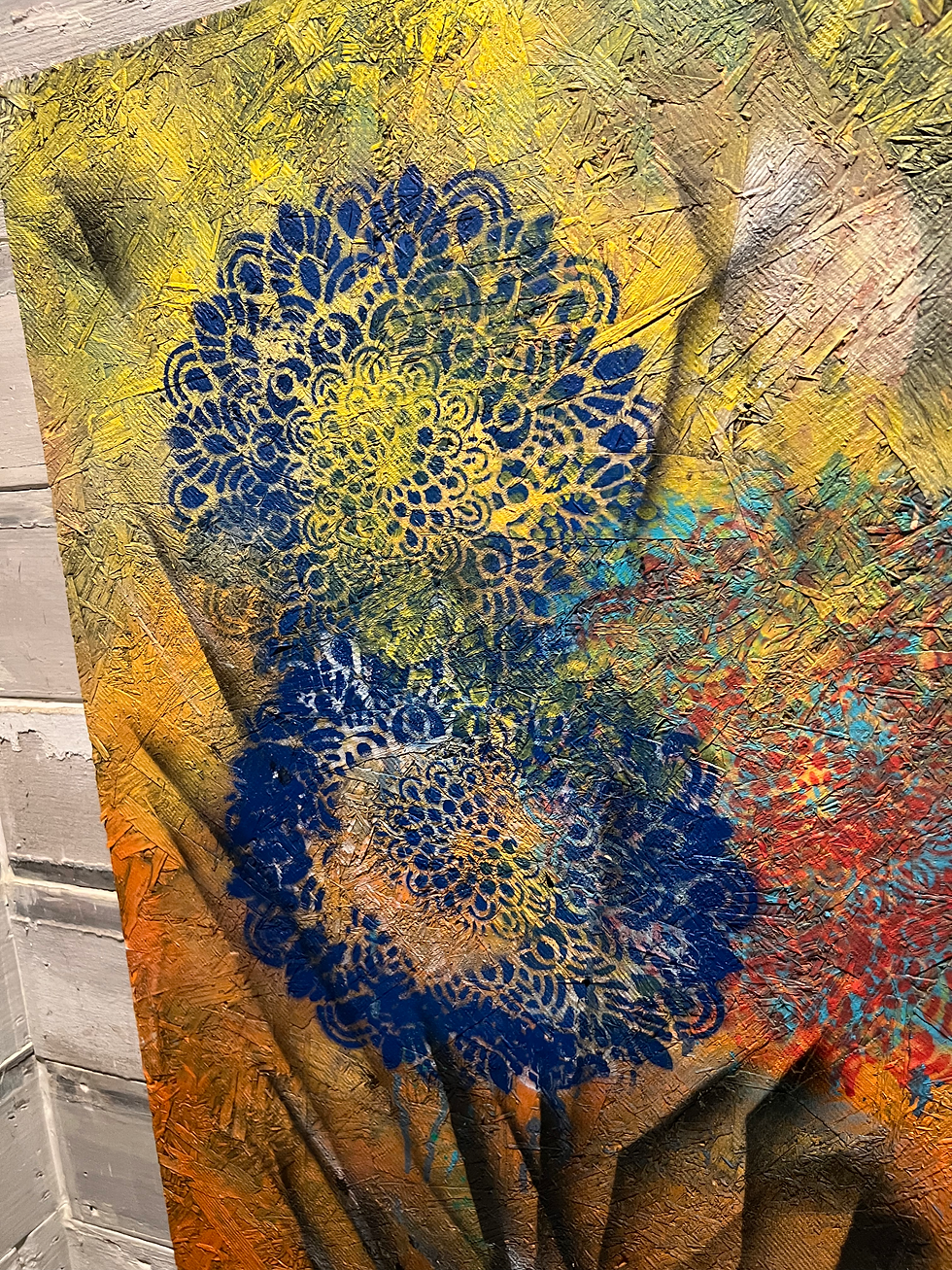 Thumbnail: Blue Flowers 25” x 32” Mixed Media on Wood