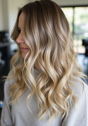 Lived-in blonde balayage created by a balayage specialist in Bloomington, IL at Hair by Jessica