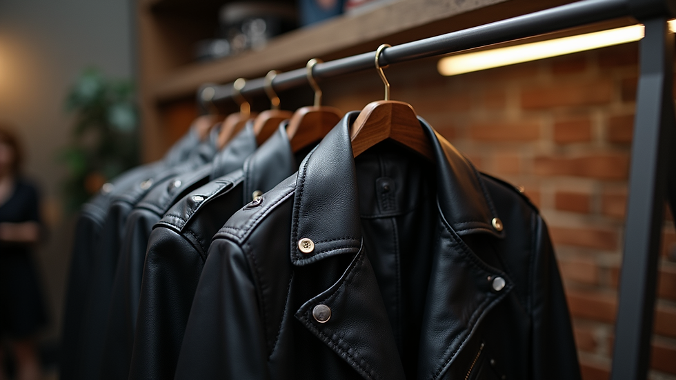 Eye-level view of a stylish leather jacket hanging on a rack