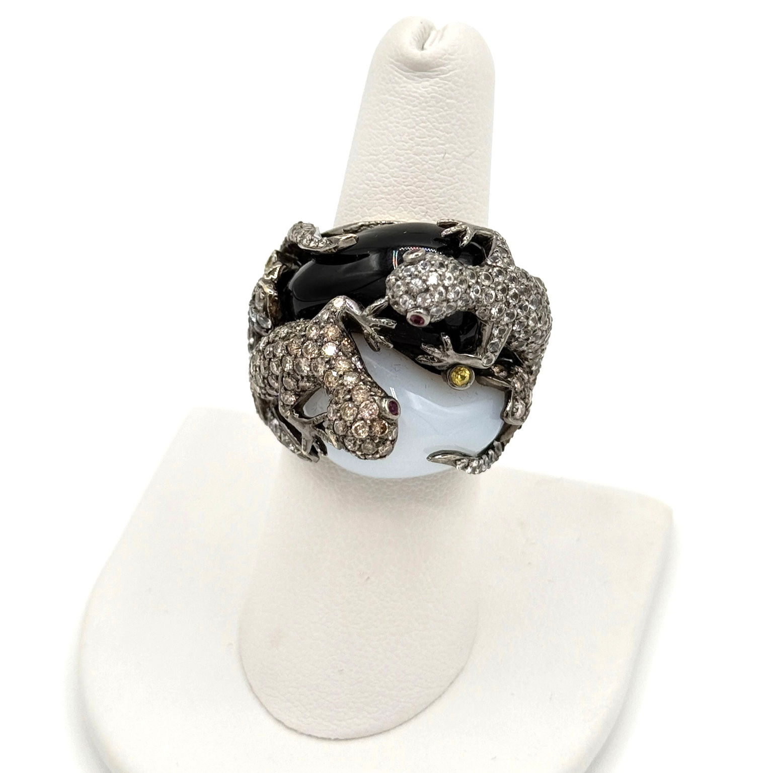 Diamond Yin & Yang Double Lizard Cocktail Ring in 18k White Gold