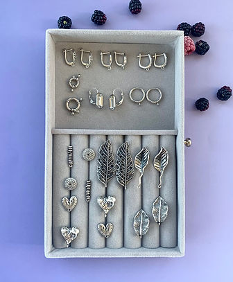 Silver earring findings and leaf charms arranged in a display case