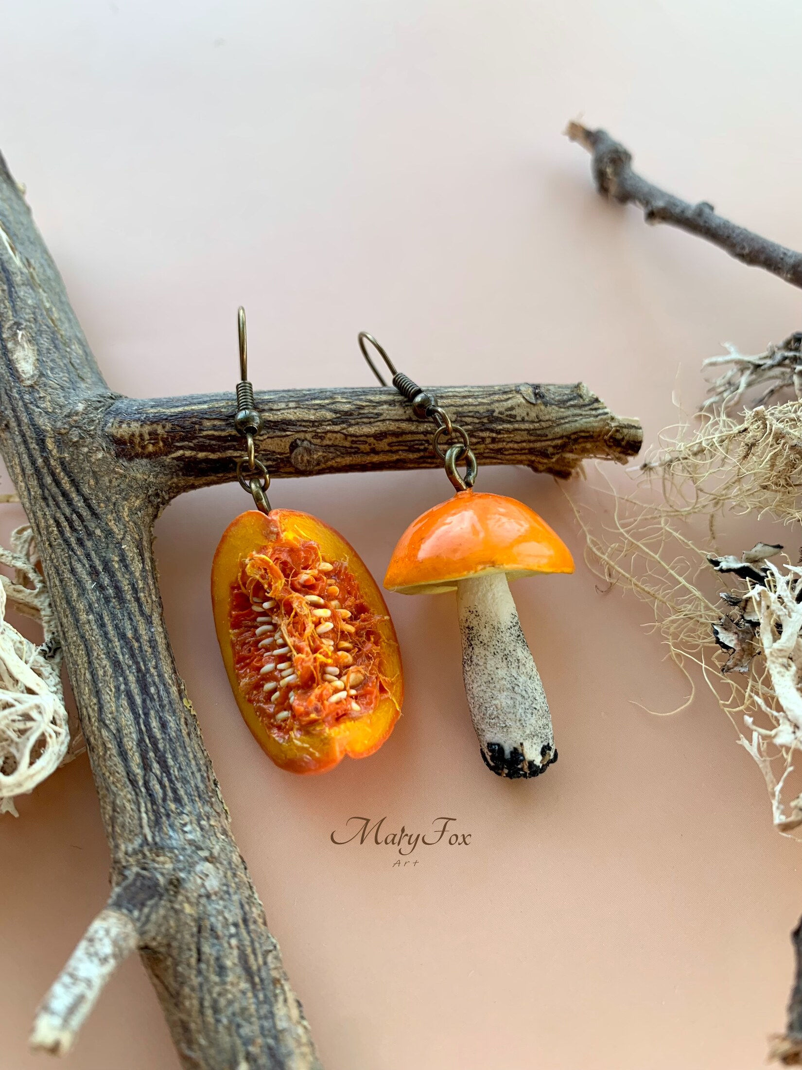 Handmade Pumpkin & Mushroom Earrings by Mary Fox Art