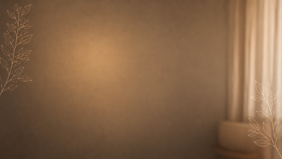 Warm brown therapy website background with soft curtains and botanical line art