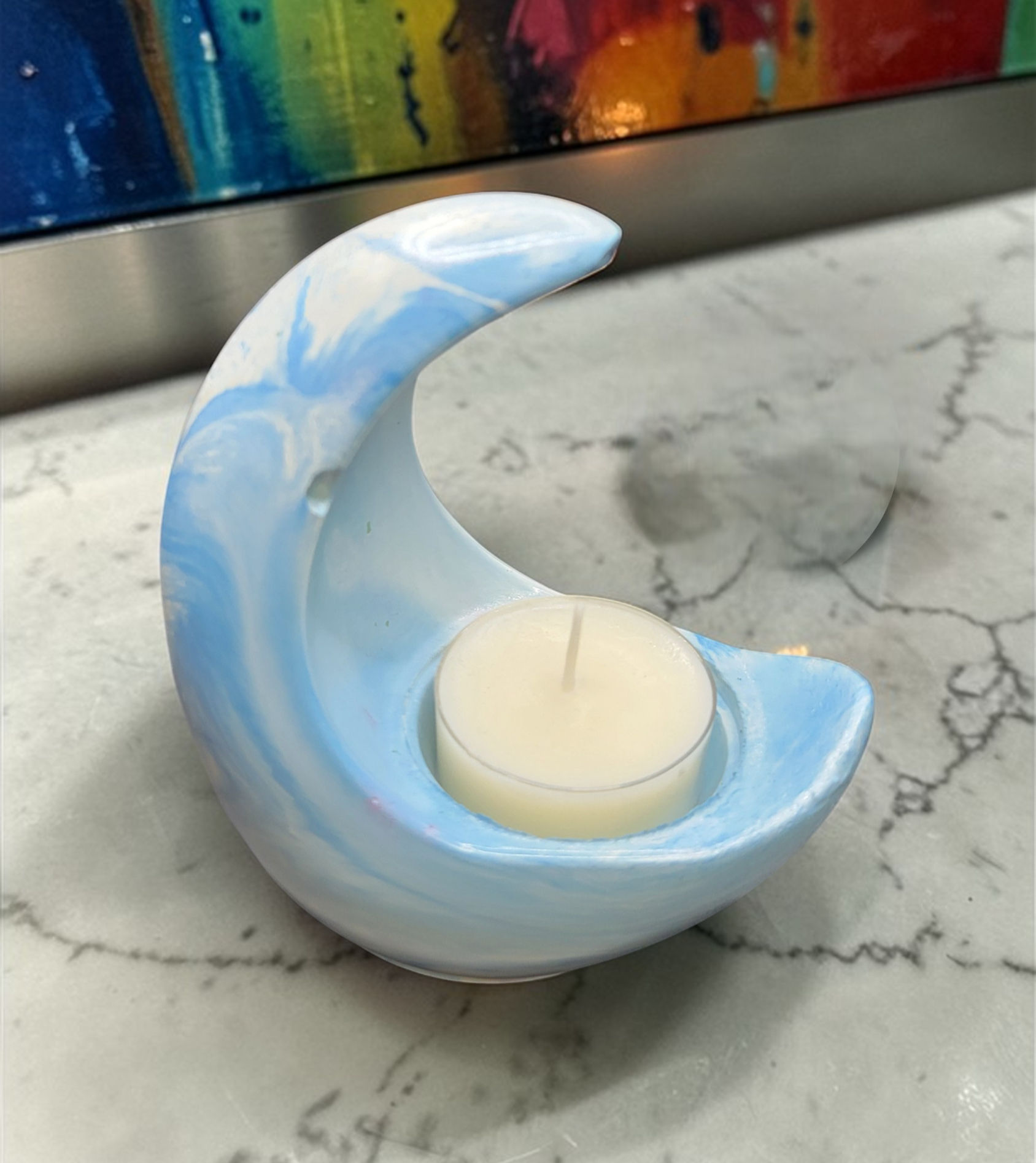 Cement Tea Light Holders - Crescent Moon Blues