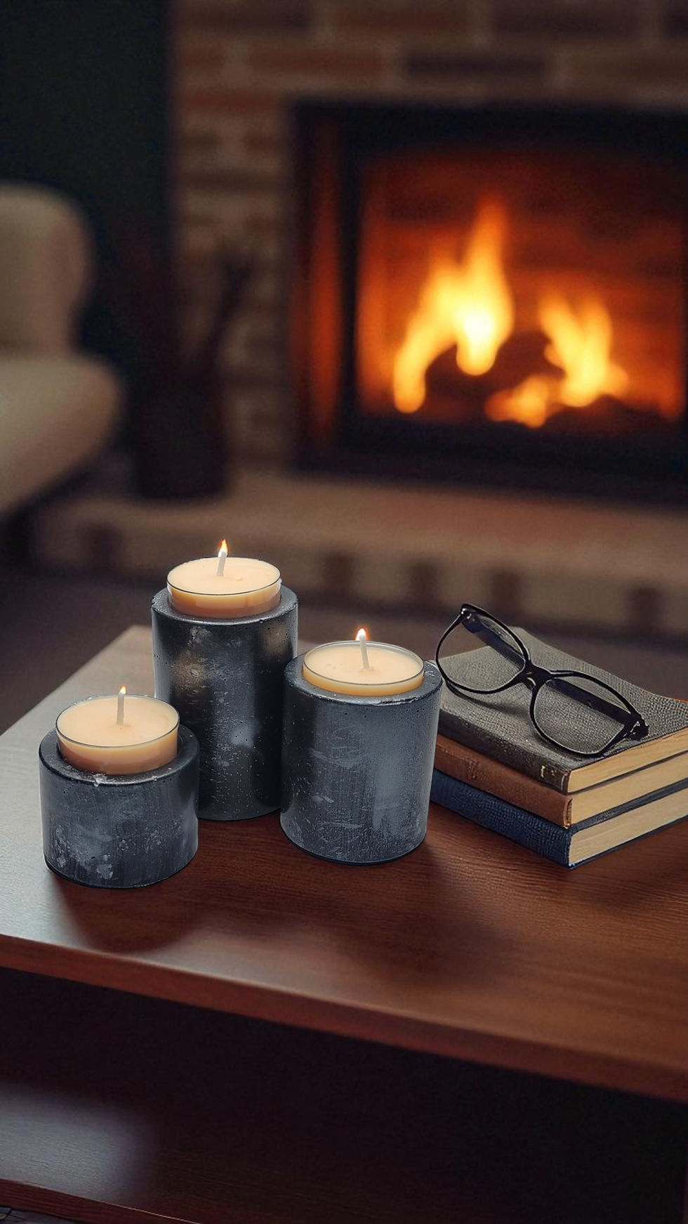 Three black cement tea light holders with a sleek, stone-like finish