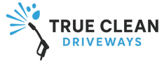 TrueClean Driveways logo featuring a pressure washer spray and blue water droplets, representing professional exterior cleani