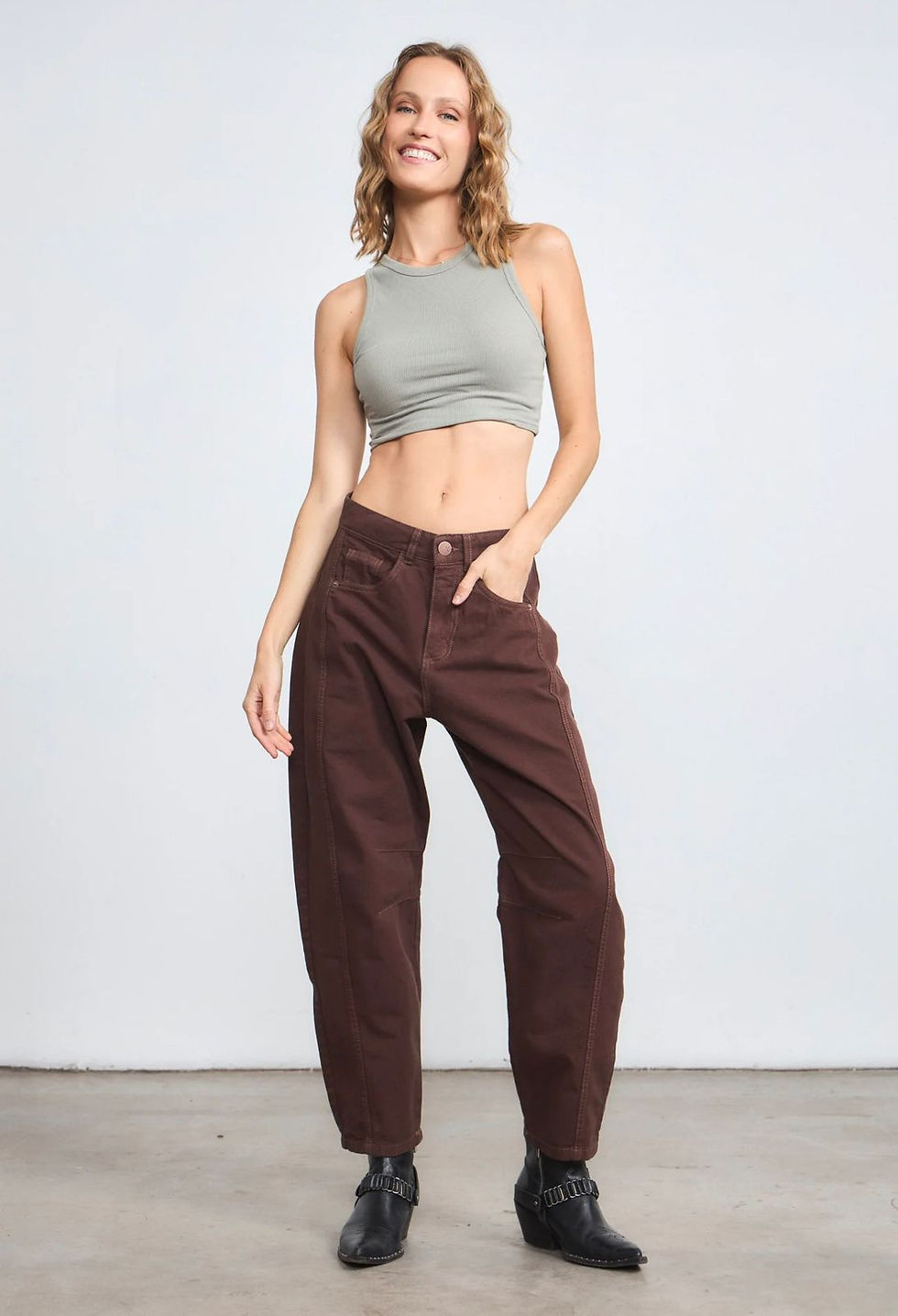Miniatura: Jeans Rise Barrel ALUMCO café