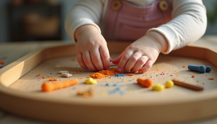 Eye-level view of a child’s hands exploring natural materials on a wooden tray