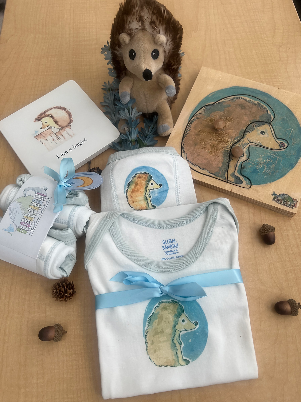 Close-up view of wooden educational tools arranged neatly on a natural fabric