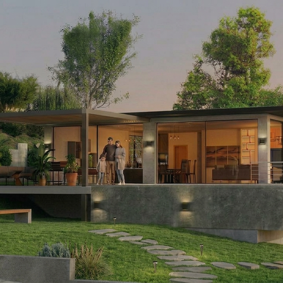 3D-Visualisierung eines modernen Flachdachhauses bei Nacht mit bepflanzter Hanglage und Terrassenüberdachung