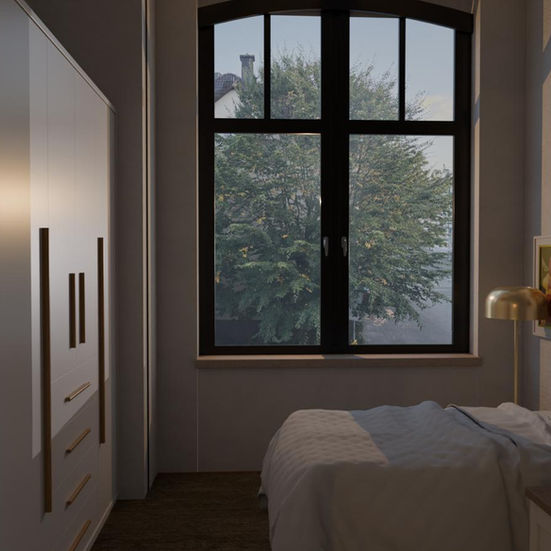 Rendering eines kleinen gemütlichen Schlafzimmer, mit Lichteinfall