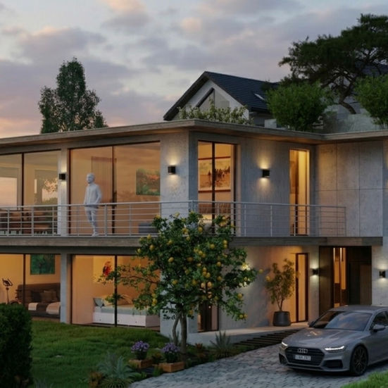 Fotorealistische 3D-Visualisierung eines modernen, zweistöckigen Flachdachhauses aus Sichtbeton bei Sonnenuntergang. Große Glasfronten, eine umlaufende Terrasse im Obergeschoss und eine beleuchtete Einfahrt mit einem grauen Sportwagen.