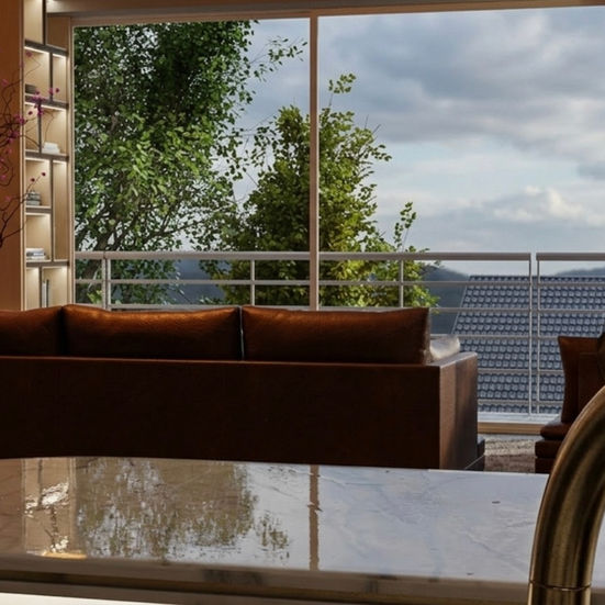 Fotorealistische 3D-Visualisierung eines luxuriösen Wohnzimmers in einem modernen Einfamilienhaus mit Panoramablick auf eine Landschaft. Innenraum mit Ledersofa, Einbauwand mit Regalen und Fernseher, Marmor-Arbeitsplatte mit goldenem Wasserhahn. Im Hintergrund großzügige Glasfenster.