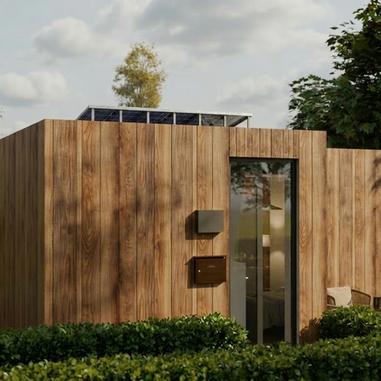 Fotorealistische 3D-Visualisierung eines modernen Tiny Houses mit Holzfassade im Grünen. Eine gemütliche Sitzecke befindet sich im Außenbereich, und Solarpanels sind auf dem Dach installiert. Der Innenraum ist durch bodentiefe Fenster einsehbar und zeigt ein Bett und eine Stehlampe. Im Hintergrund ist ein Garten zu sehen.