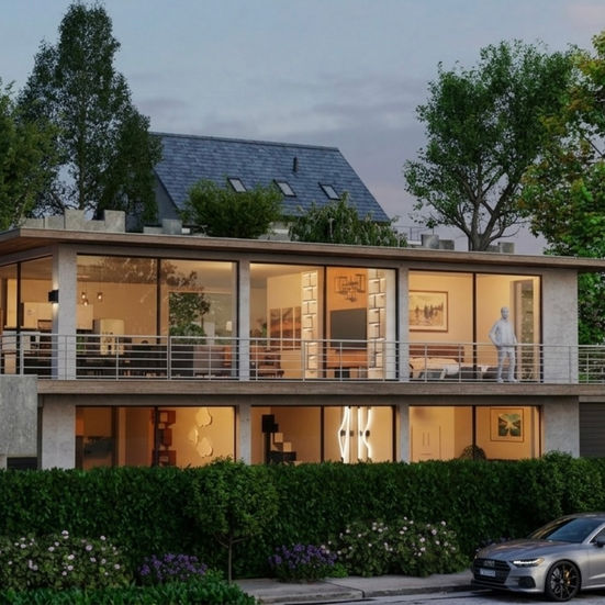 Abend-Rendering eines modernen Wohnhauses mit Flachdach, Naturstein und großzügiger Terrasse