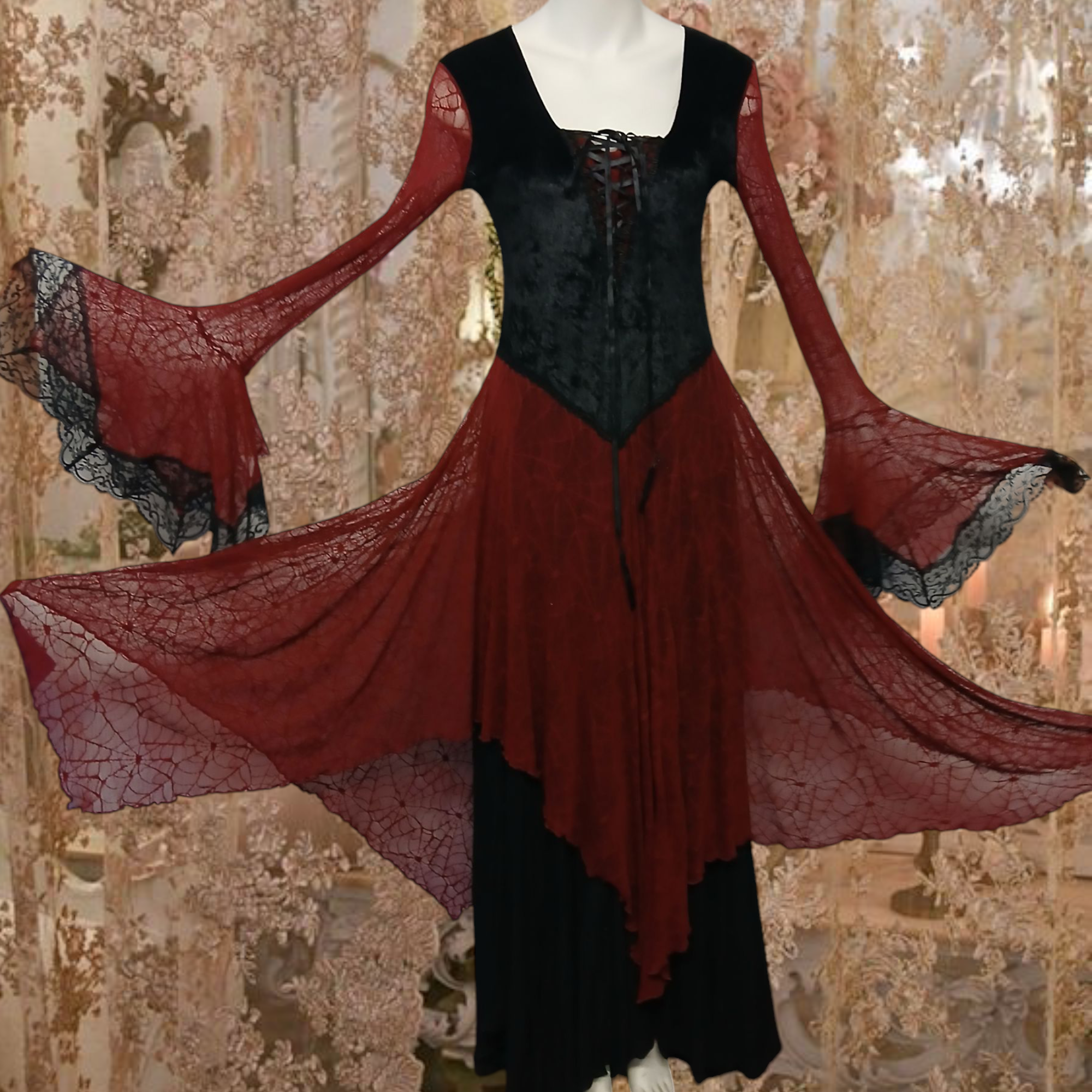 Vintage 90s Maroon Lace & Black Velvet dress