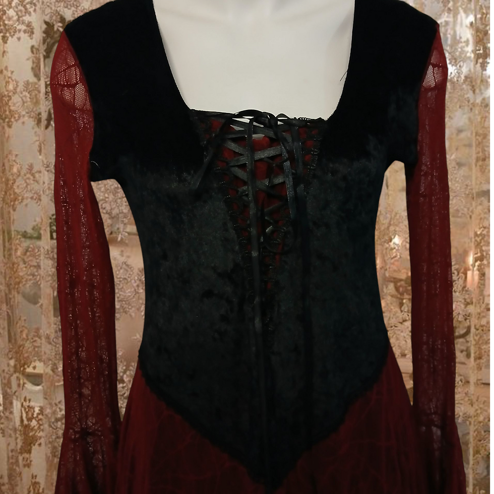 Thumbnail: Vintage 90s Maroon Lace & Black Velvet dress