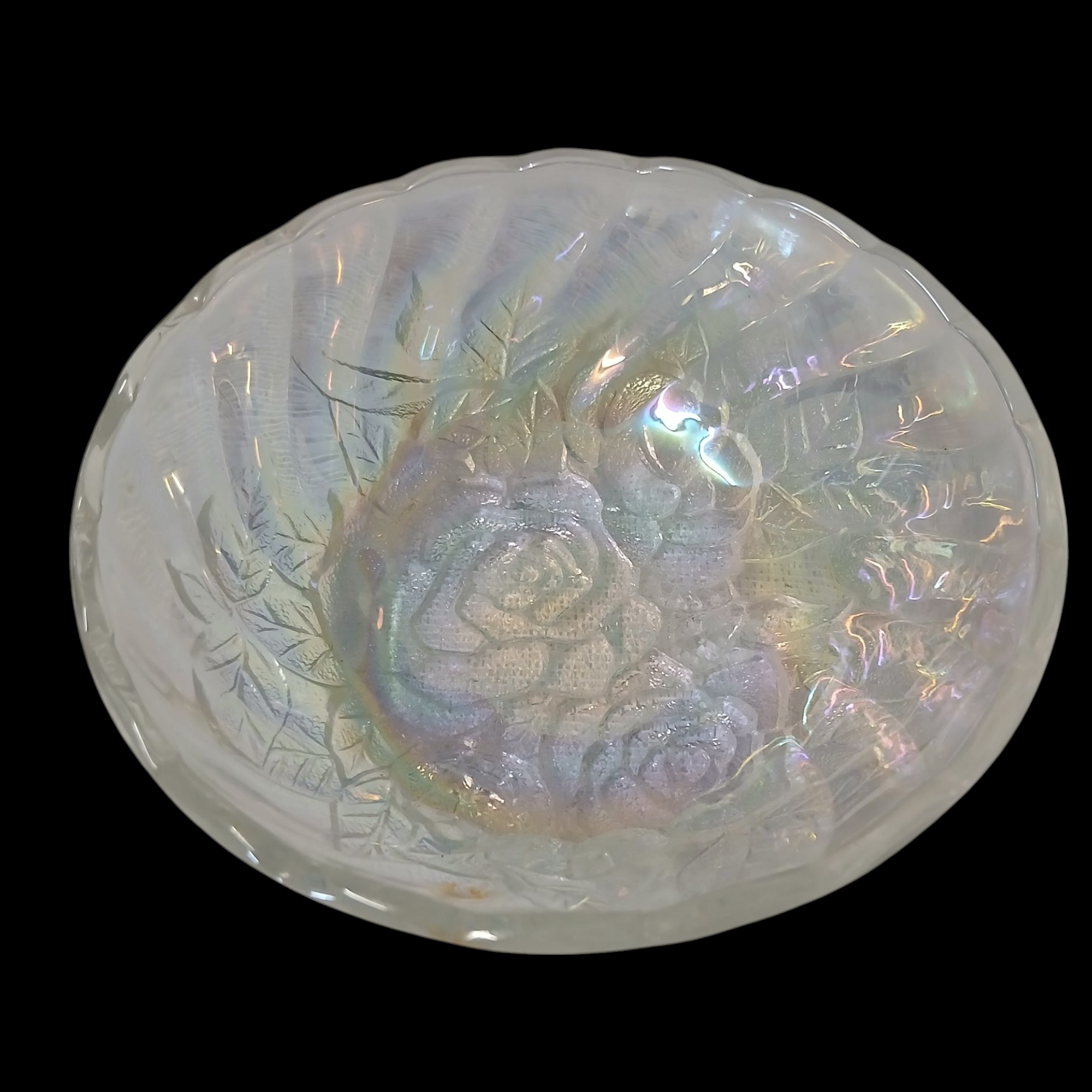 Antique Trinkets Roses carnival glass dish