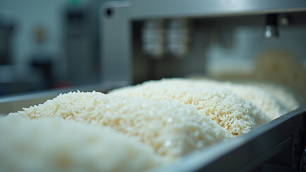 eye-level view of vacuum packaging machine sealing rice bags