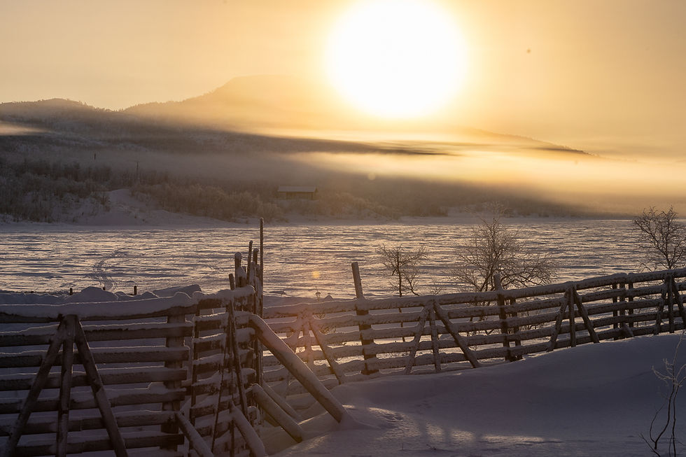 Misty mountains under arctic sun.