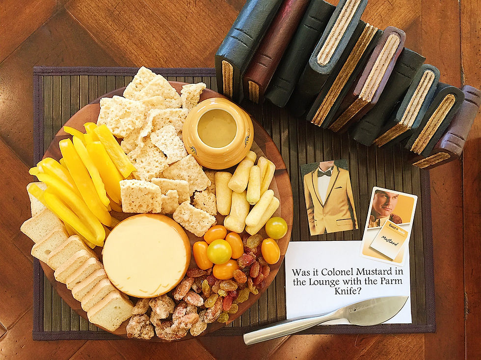 Host a clue party platter with gouda, crackers, nuts