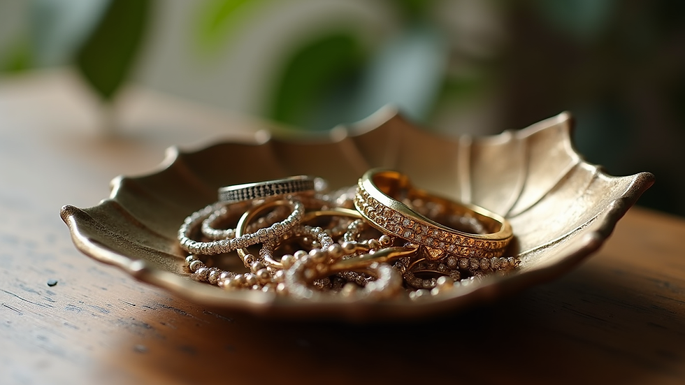 Eye-level view of metal leaf trinket dish holding assorted jewelry