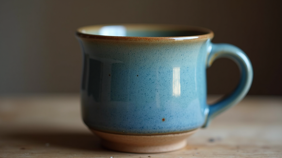 Close-up view of a handmade ceramic mug with blue glaze