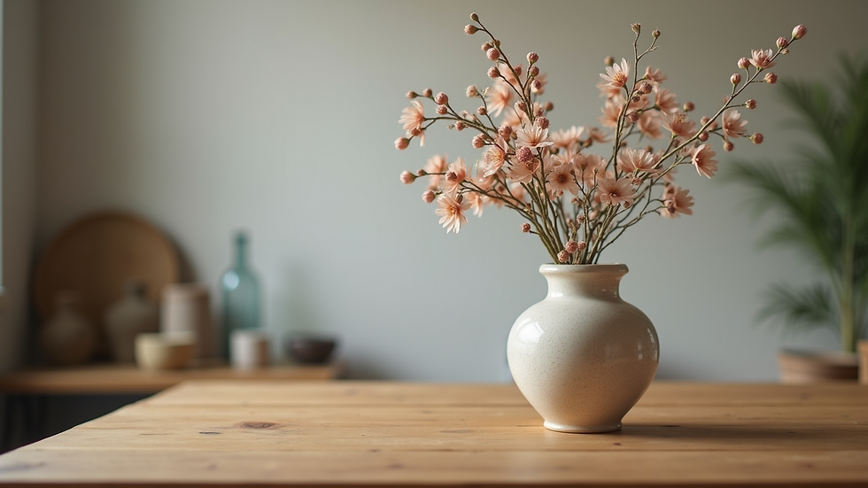 Eye-level view of a ceramic vase with floral design on a wooden table