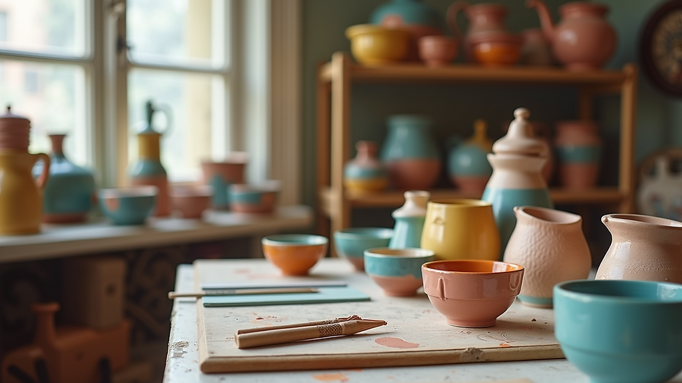 Eye-level view of a ceramic painting studio with colorful pottery pieces on display