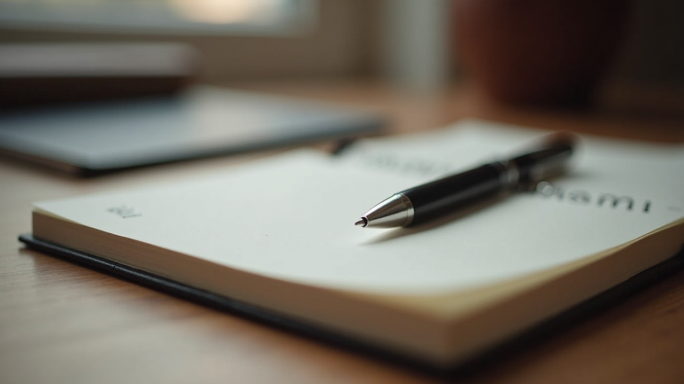 Close-up view of a journal and pen on a wooden table
