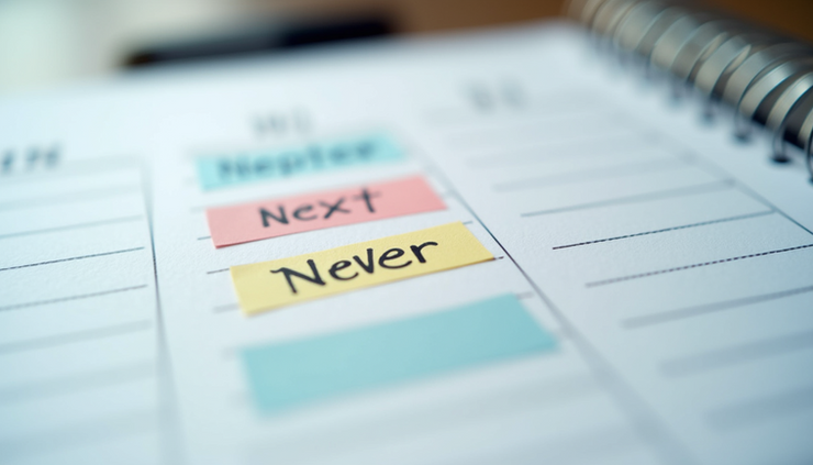 Close-up of a calendar with color-coded tasks labeled Now, Next, and Never