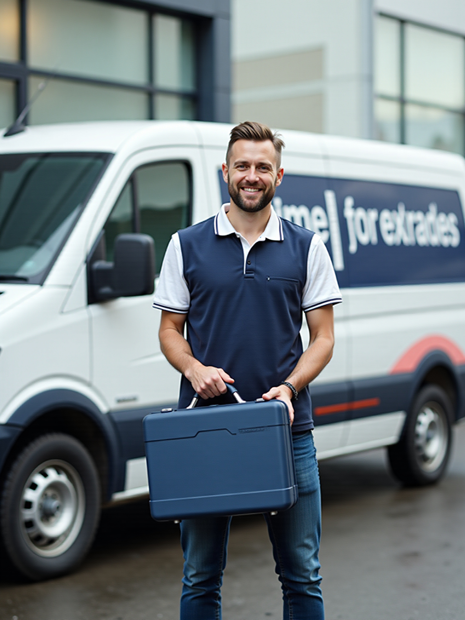 Smiling technician holds blue courier toolbox, service van background.