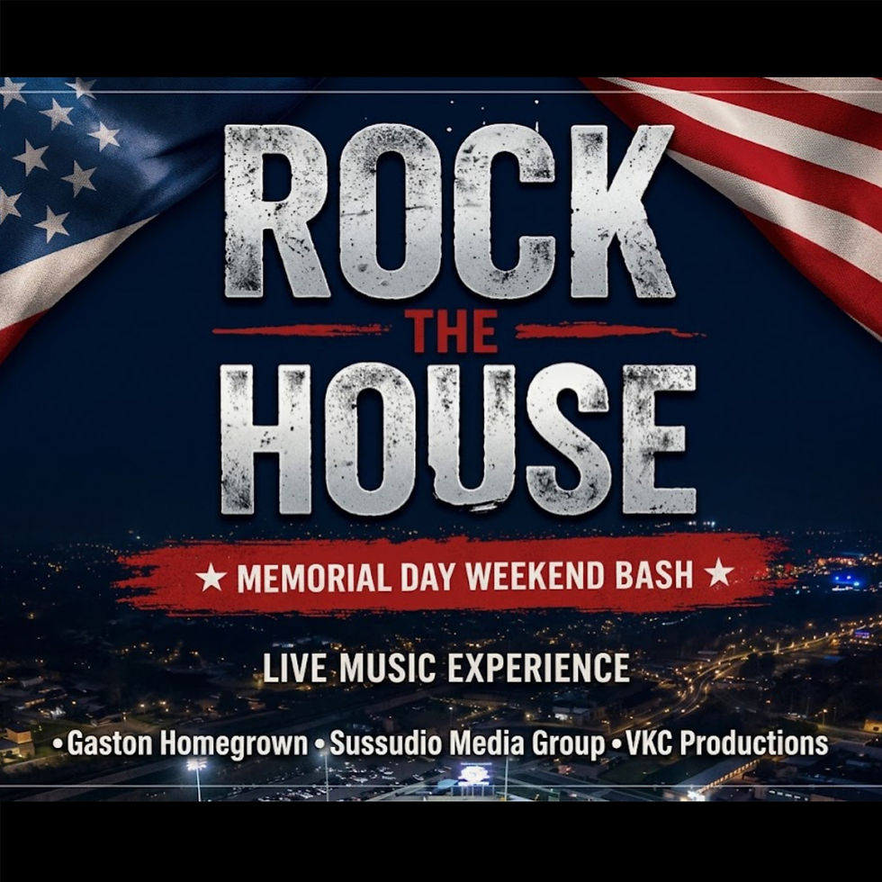 American flag backdrop with "Rock the House" text in bold. Promotes Memorial Day Weekend Bash, live music. Night cityscape below.