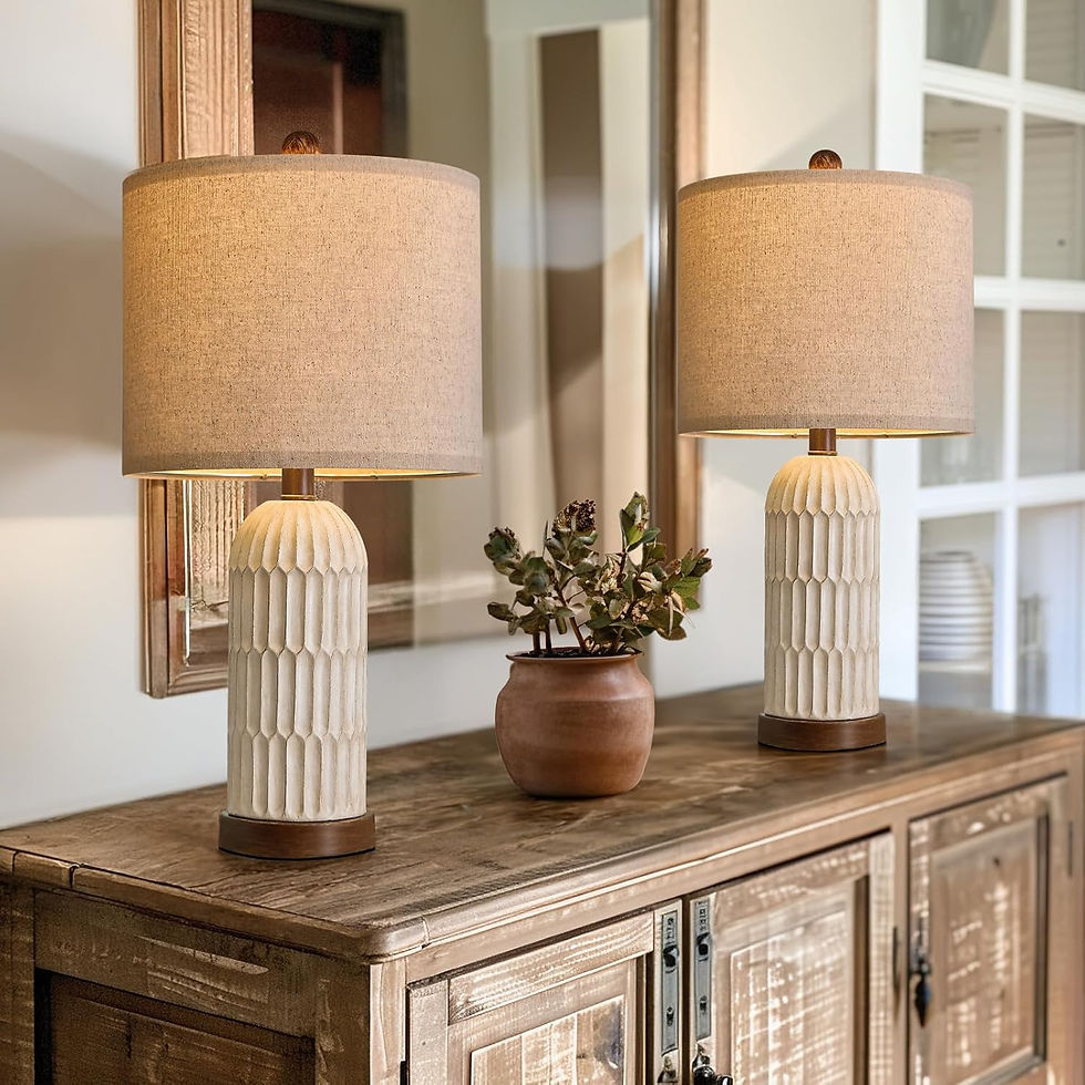 These textured neutral table lamps bring beautiful dimension and warmth to a console or dresser. The carved ceramic base paired with a soft linen shade creates that cozy, organic look that instantly makes a space feel thoughtfully styled and elevated.