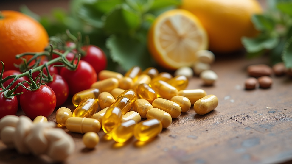 Plano detalle de suplementos naturales y alimentos frescos sobre mesa de madera