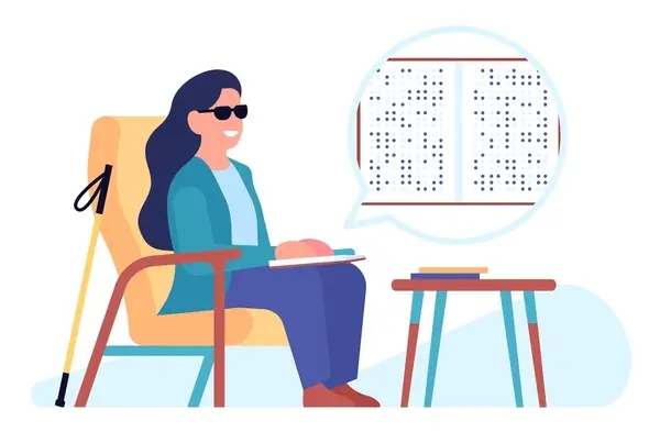A person with sunglasses reads braille on a tablet, sitting on a chair. There's a walking cane beside them and a table with books.