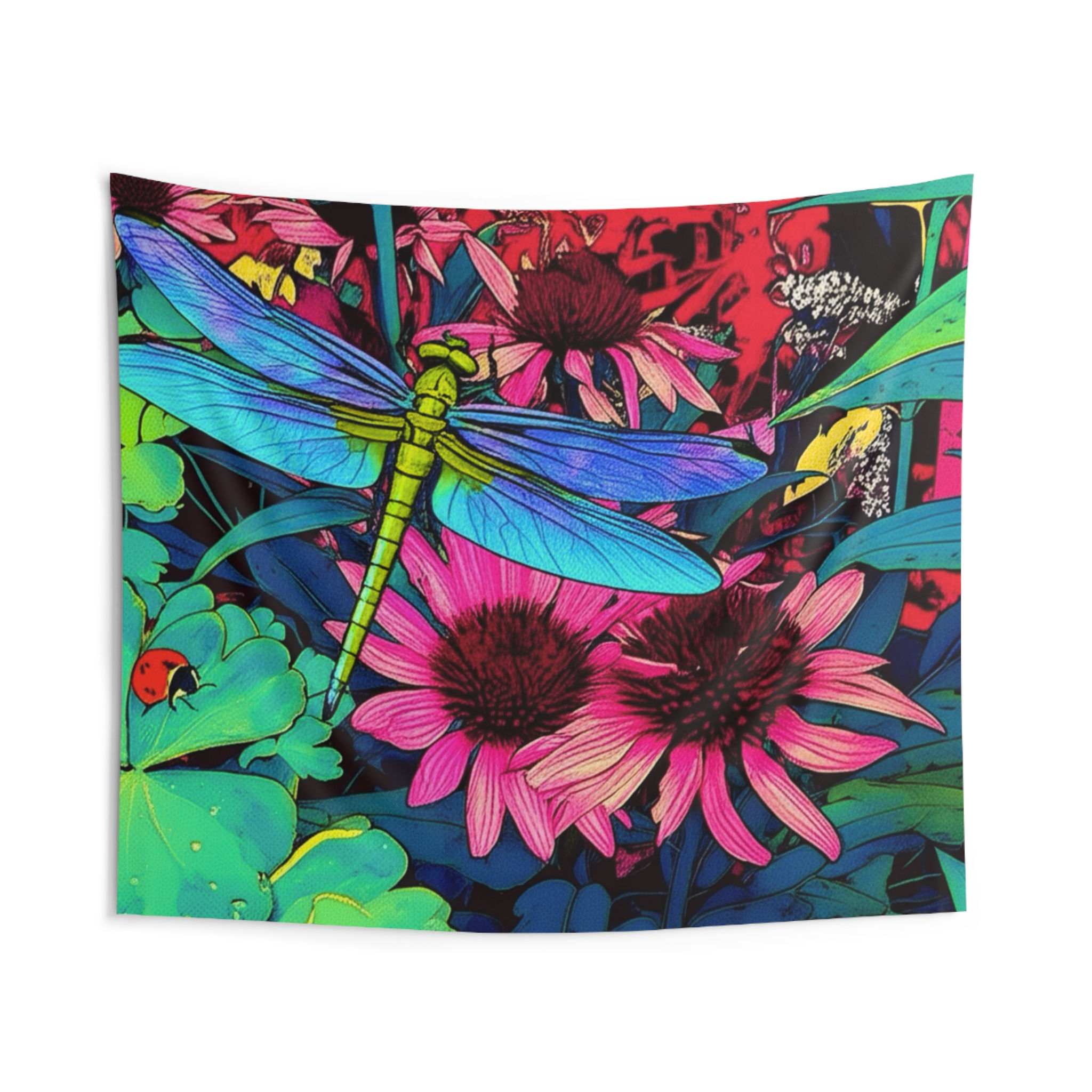 Vibrant Floral & Dragonfly Indoor Tapestry, Bohemian Style, Nature Art