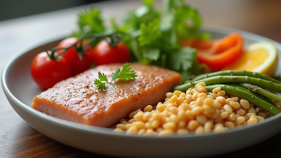 Eye-level view of a healthy meal with lean protein, whole grains, and colorful vegetables