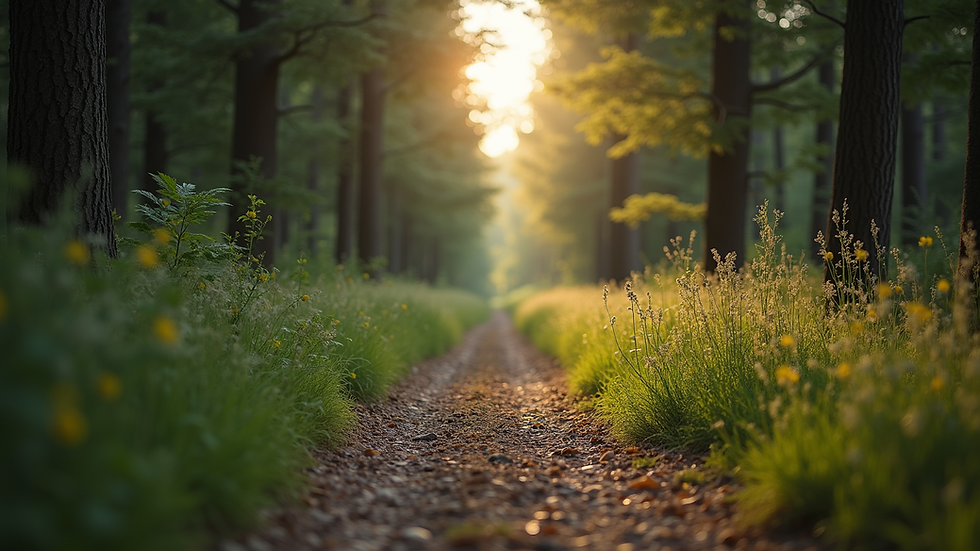 Eye-level view of a serene nature trail surrounded by trees
