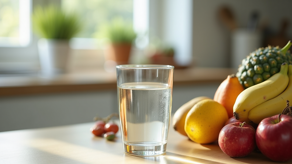 Close-up view of a glass of water and fresh fruits on a kitchen counter