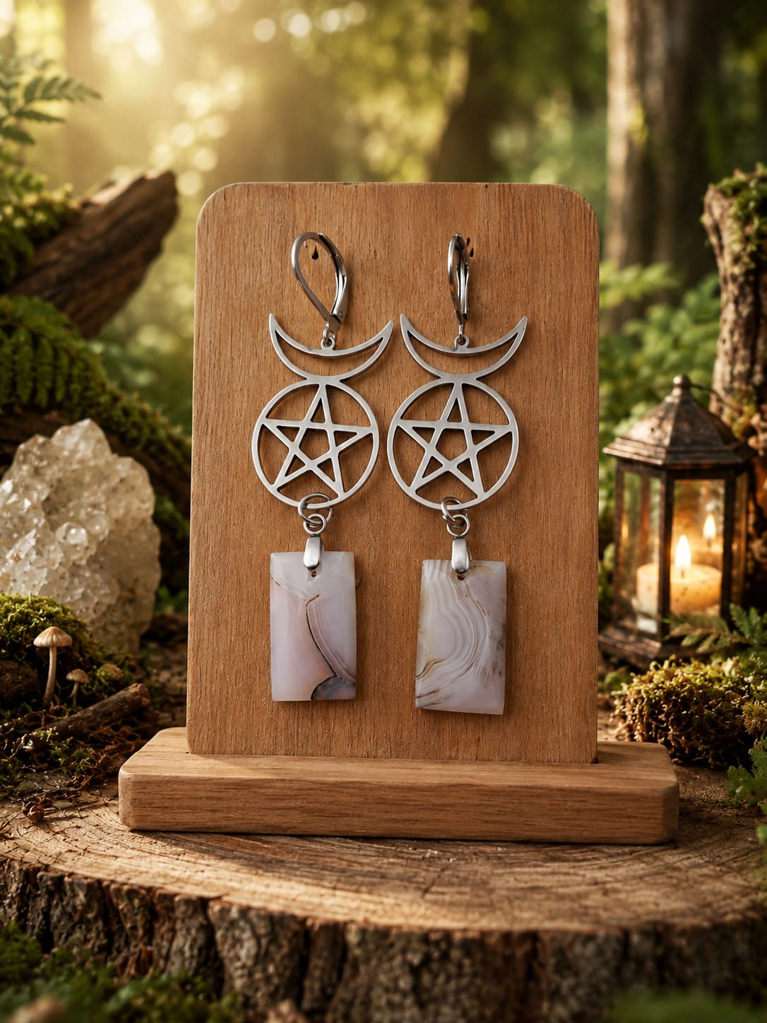 Boucles d’oreilles Pentacle & Lune Agate d’eau