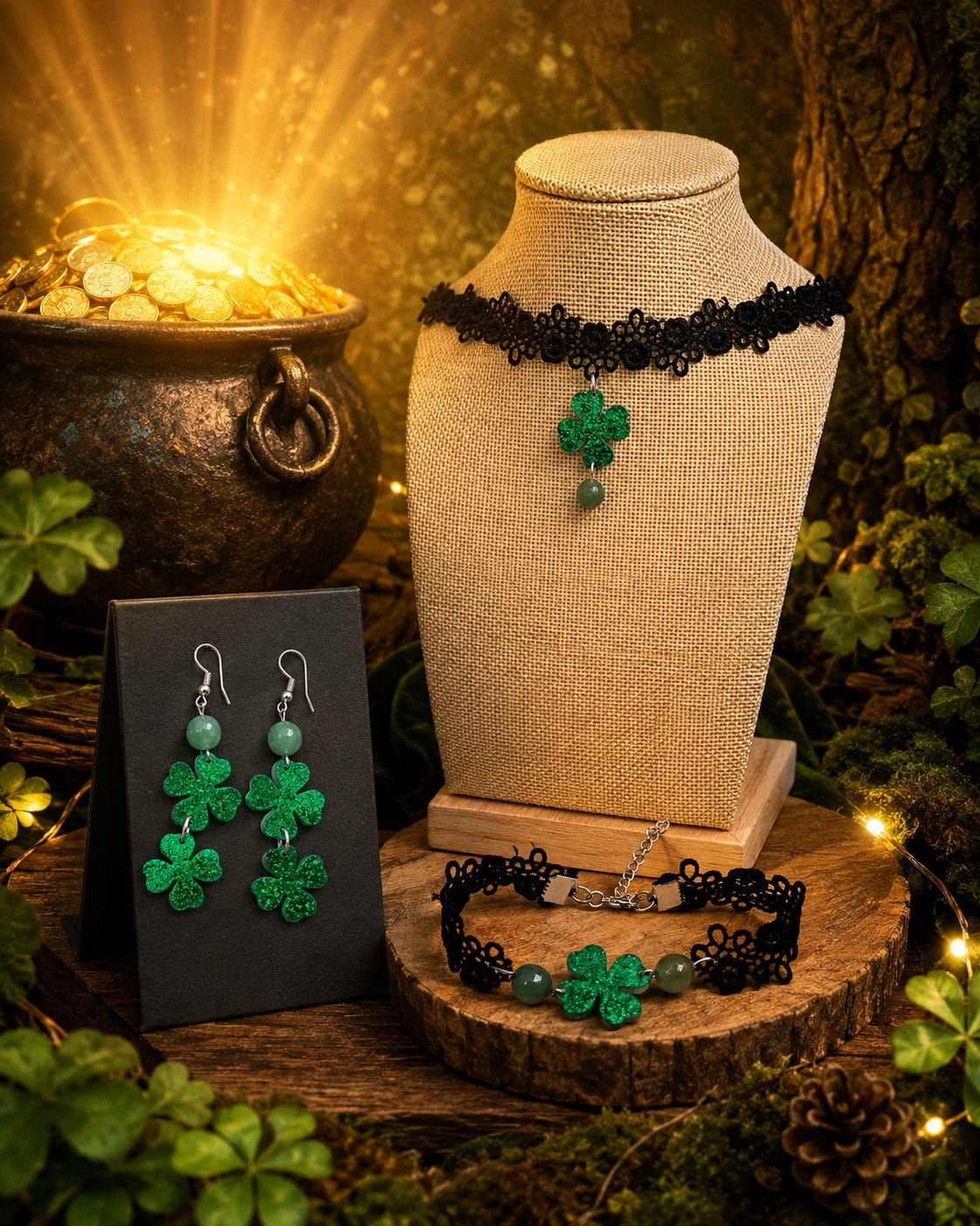 Parure Trèfle & Aventurine Collier, Bracelet et Boucles d’oreilles