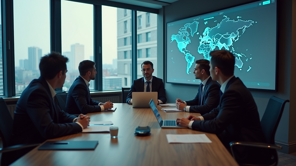 High angle view of a business meeting discussing AI strategies