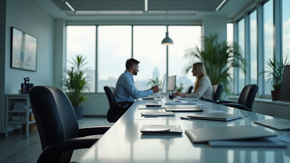 Wide angle view of a modern office workspace with AI technology