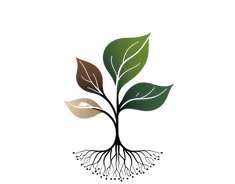 SHE™ logo featuring a stylized root system beneath a layered soil horizon in dark brown and green.