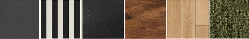 Modern striped Airbnb interior material palette featuring charcoal gray paint, black and white striped wallpaper, matte black steel, walnut wood, light oak flooring, and olive green performance fabric.